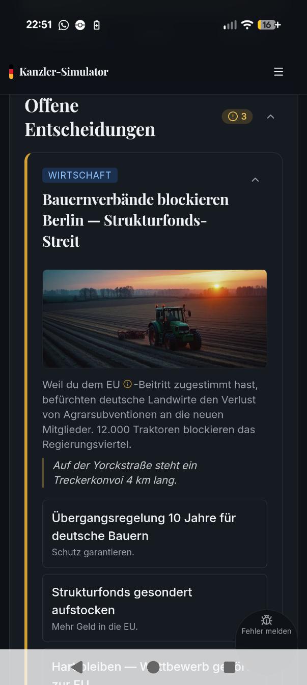 Gameplay-Screenshot: offene Entscheidung zu einem politischen Ereignis