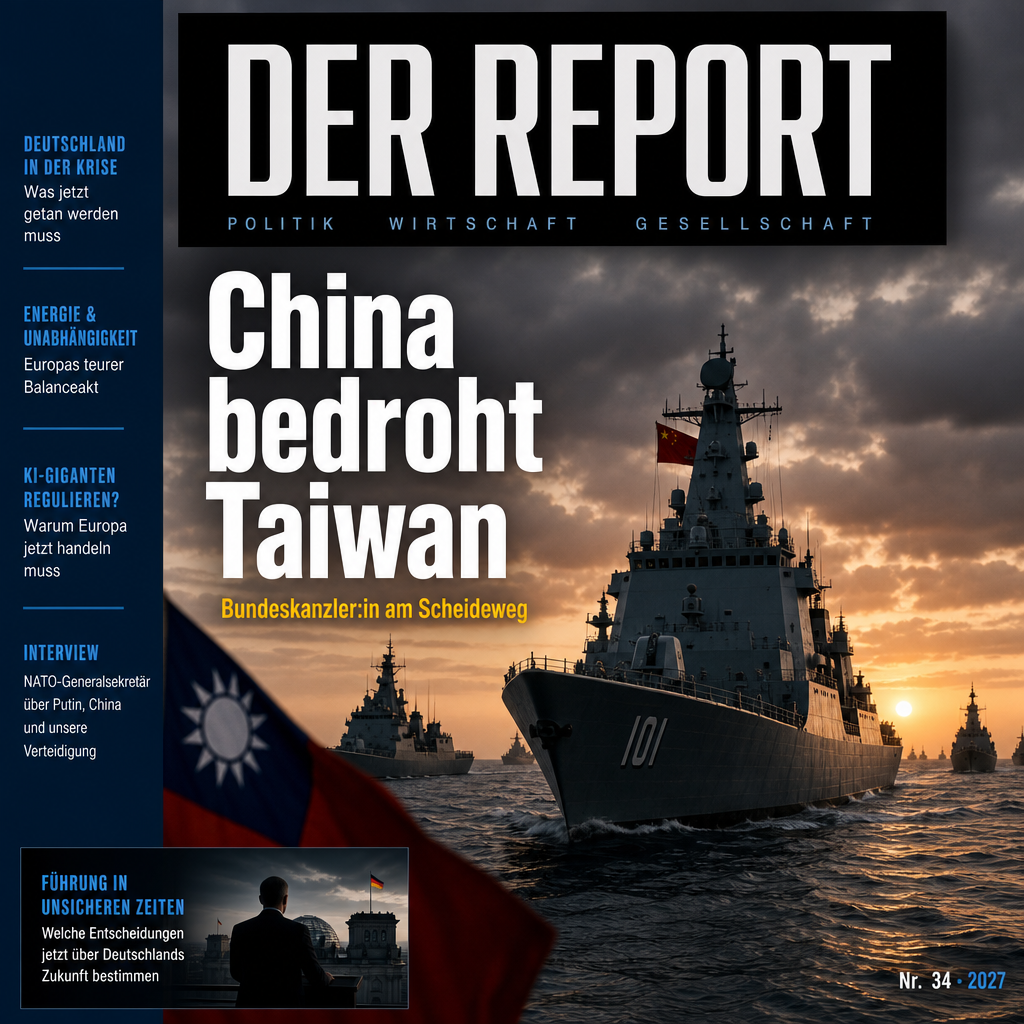 Titelbild eines fiktiven Nachrichtenmagazins: China bedroht Taiwan militärisch